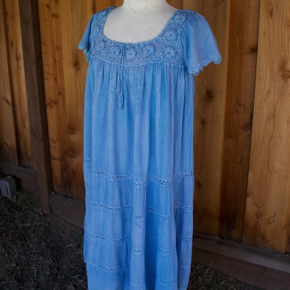 Vintage 70's Boho Handmade 100% Cotton Knit/Crochet Blue Midi Tiered Dress - Picture 4 of 17